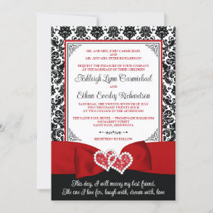 Invitación Boda de Corazones de Amor de Damasco Rojo y Negro