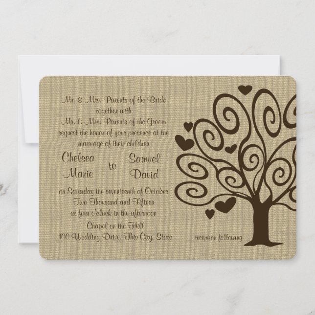 Invitación Boda de corazones de árbol (Anverso)