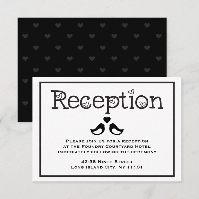 Invitación Boda de Corazones de Aves de Recepción Blanca y Ne (Anverso / Reverso)