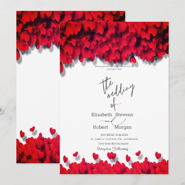 Invitación Boda de Corazones Rojos Elegantes (Anverso / Reverso)