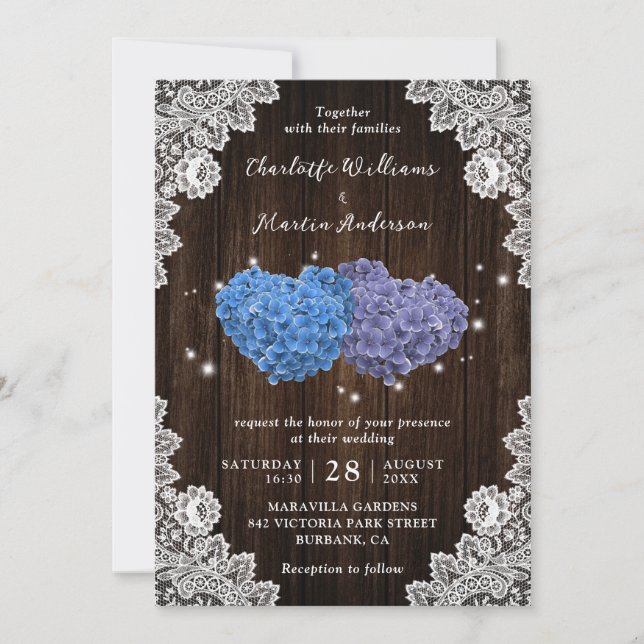 Invitación Boda de Corazones Rústicos Florales Púrpura y Azul (Anverso)