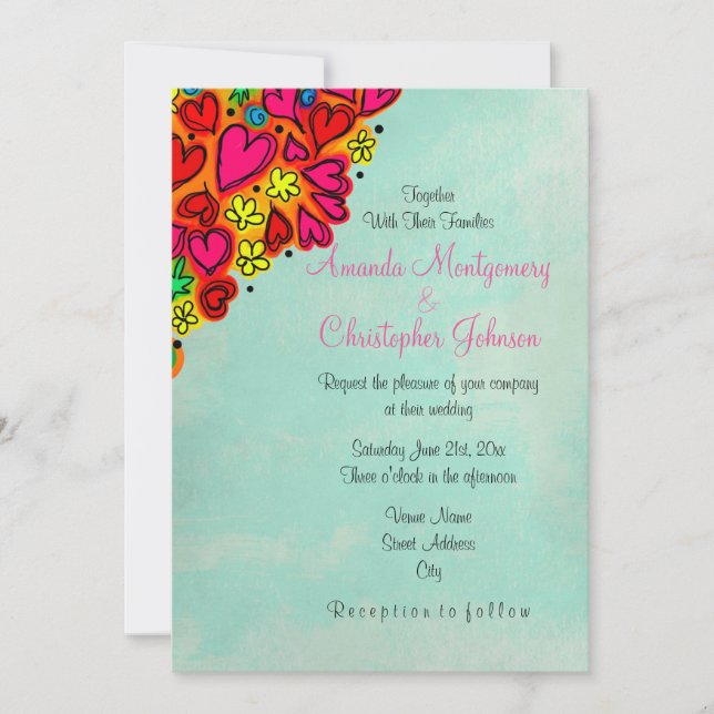 Invitación Boda de corazones y flores de Doodle (Anverso)