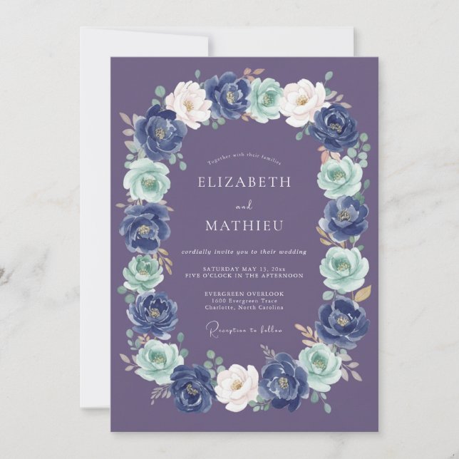 Invitación Boda de Corona Botánica Azul Marino (Anverso)