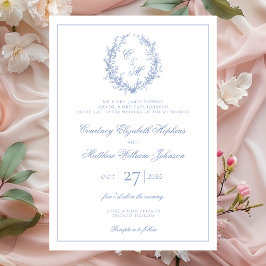 Invitación Boda de Corona Botánica de Monograma Azul Polvorie