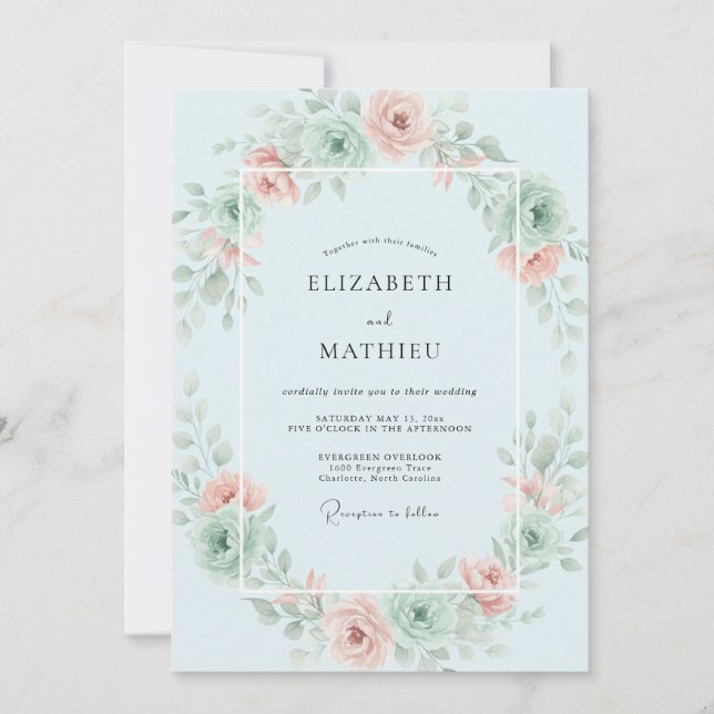 Invitación Boda de Corona de Acuarela Azul Hielo (Anverso)