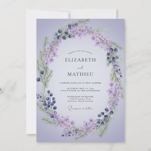 Invitación Boda de Corona de Bayas de Lavanda (Anverso)