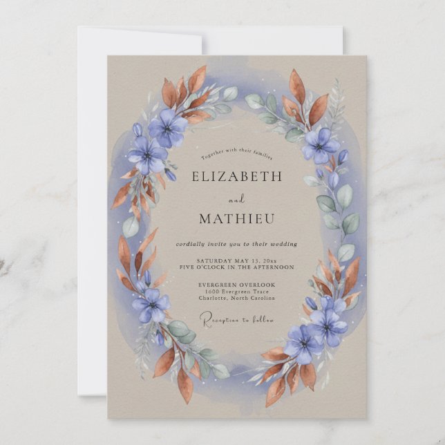 Invitación Boda de Corona de Cobre y Periwinkle (Anverso)