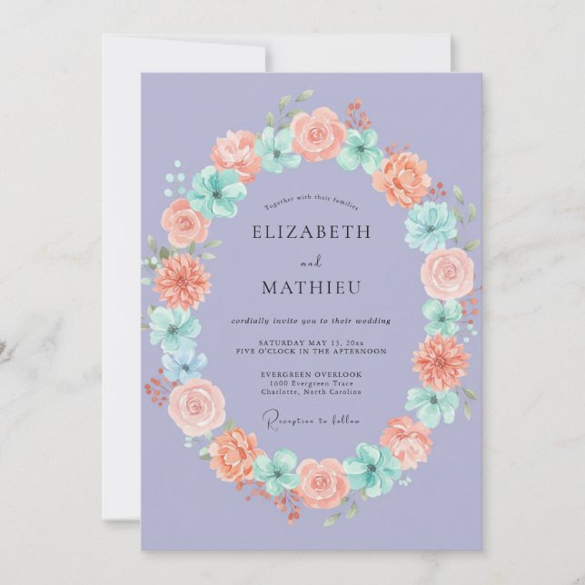Invitación Boda de Corona de Coral Periwinkle (Anverso)