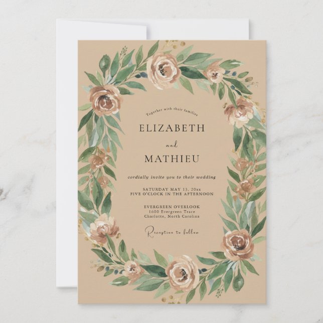 Invitación Boda de corona de eucalipto bronceado (Anverso)
