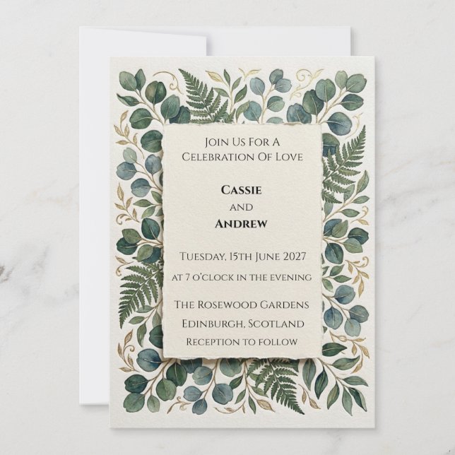 Invitación Boda de Corona de Eucalipto Esmeralda (Anverso)
