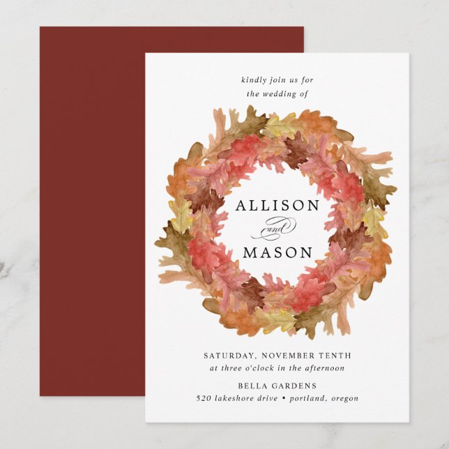 Invitación Boda de Corona de Hojas de Otoño Rústicas (Anverso / Reverso)