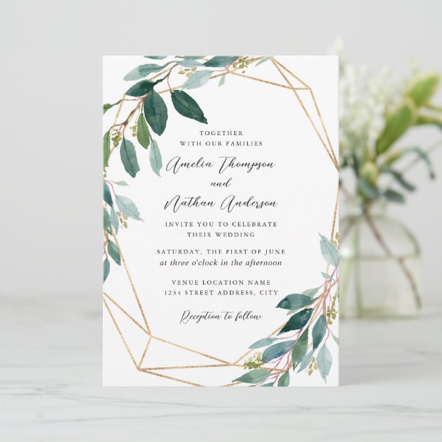 Invitación Boda de Corona de Hojas Modernas (Anverso de pie)