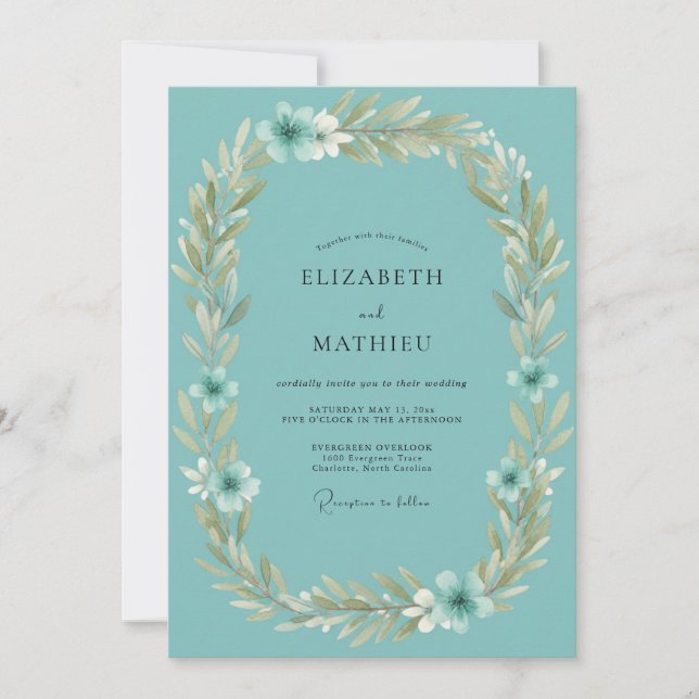 Invitación Boda de Corona de Hojas Turquesa (Anverso)