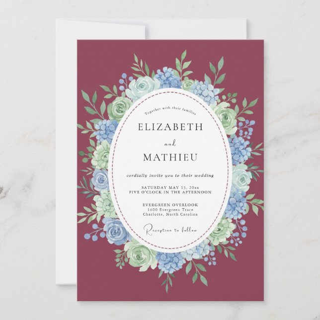 Invitación Boda de Corona de Hortensias Ciruela (Anverso)