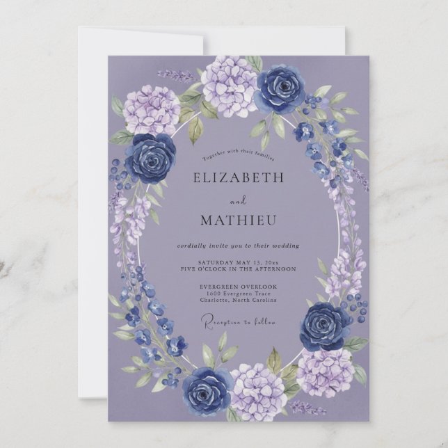 Invitación Boda de Corona de Hortensias Periwinkle (Anverso)
