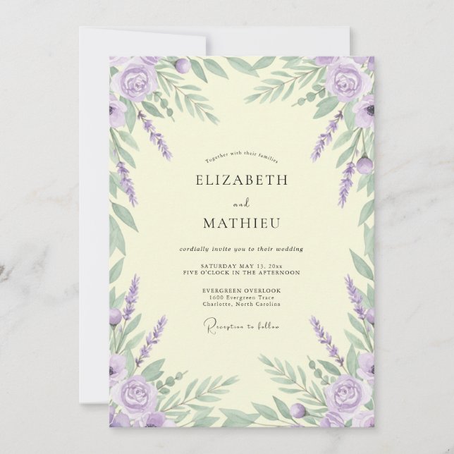 Invitación Boda de Corona de Lavanda Lila (Anverso)