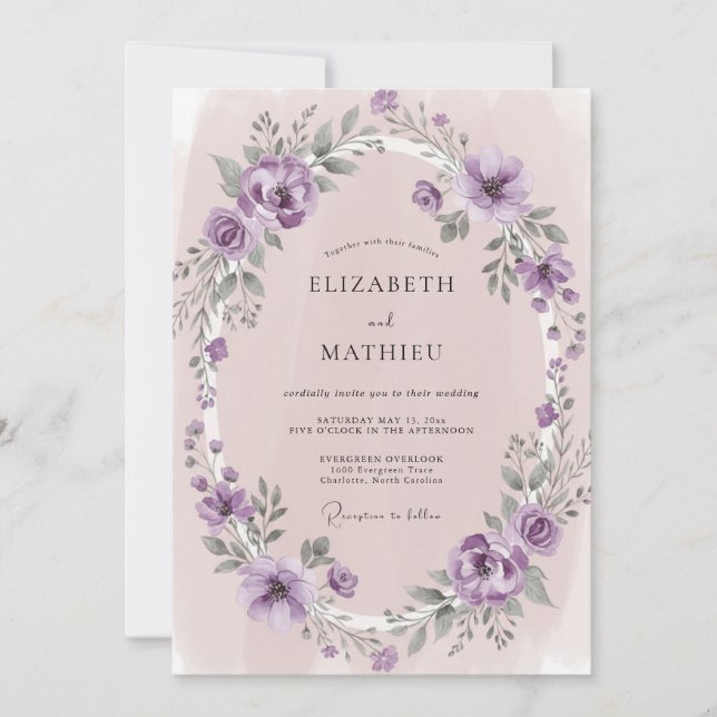Invitación Boda de Corona de Lavanda Malva (Anverso)