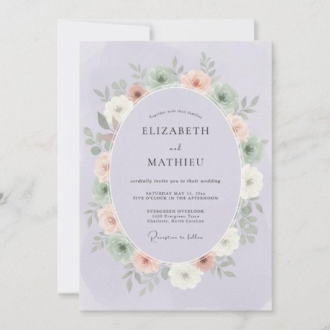 Invitación Boda de Corona de Lavanda Pastel (Anverso)