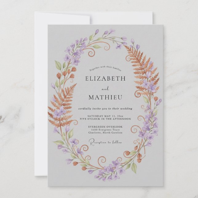 Invitación Boda de Corona de Lila de Cobre (Anverso)