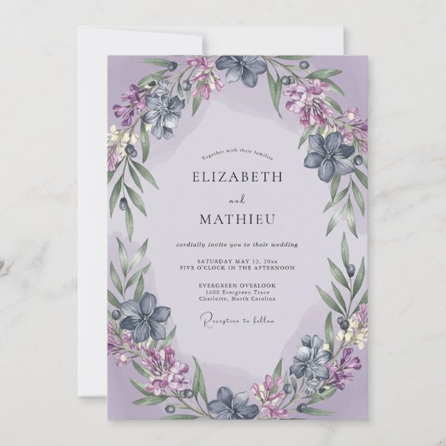 Invitación Boda de Corona de Lila Periwinkle (Anverso)