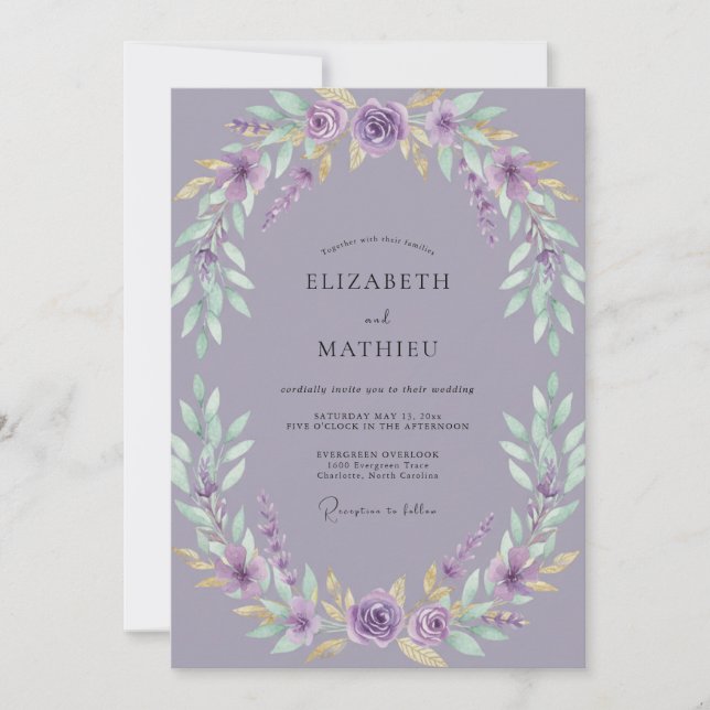 Invitación Boda de Corona de Lila Polvorienta (Anverso)