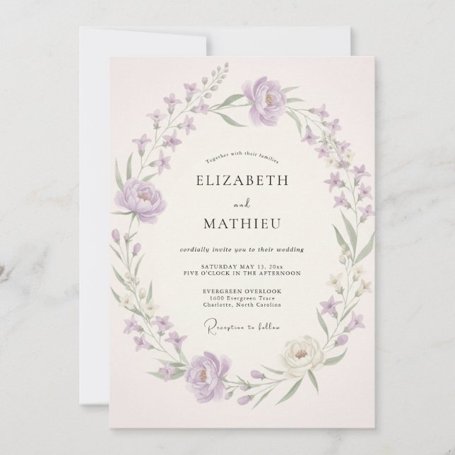 Invitación Boda de Corona de Lila Suave (Anverso)