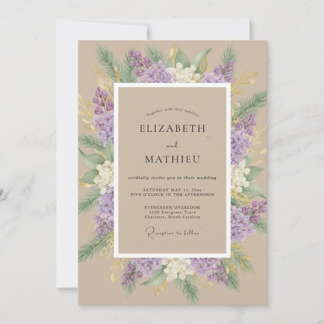 Invitación Boda de Corona de Lila Tostada (Anverso)