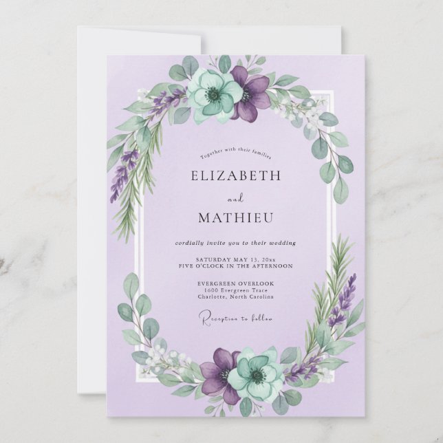 Invitación Boda de Corona de Menta Lila (Anverso)