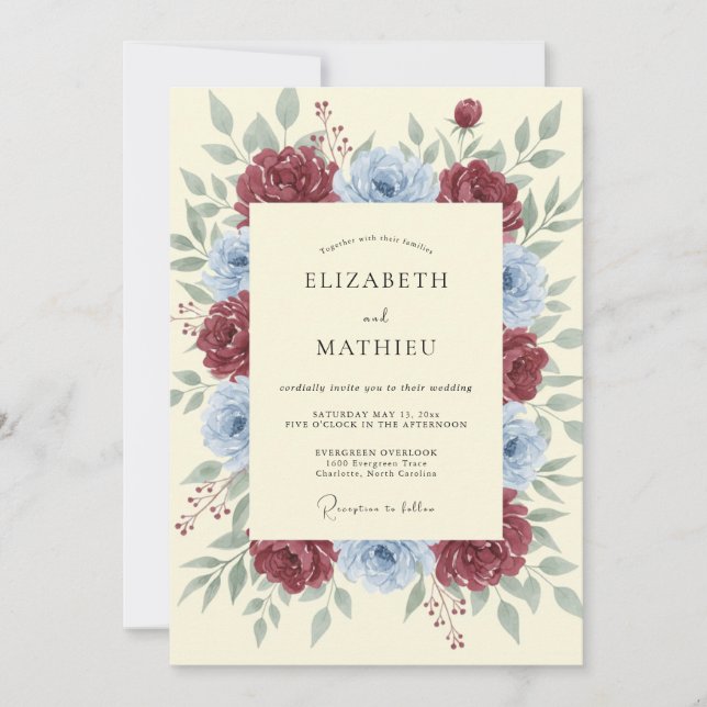 Invitación Boda de Corona de Peonía Granate (Anverso)
