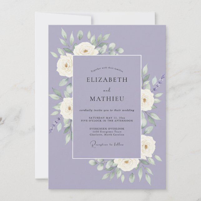 Invitación Boda de Corona de Peonía Periwinkle (Anverso)