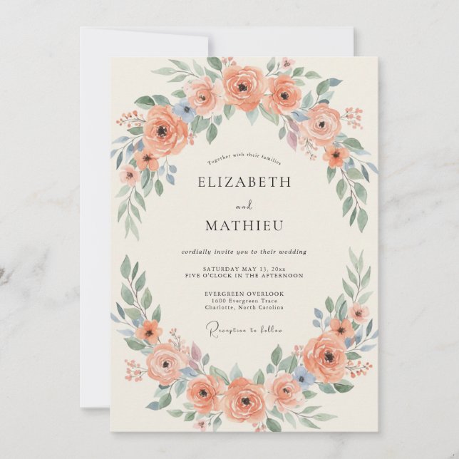 Invitación Boda de Corona de Peonía Salmón (Anverso)