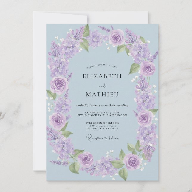 Invitación Boda de Corona de Rosa Lila (Anverso)