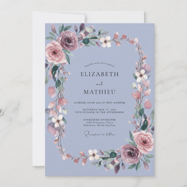 Invitación Boda de Corona de Rosa Polvorienta Periwinkle (Anverso)