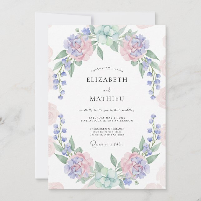 Invitación Boda de Corona de Rosa Rosada Periwinkle (Anverso)