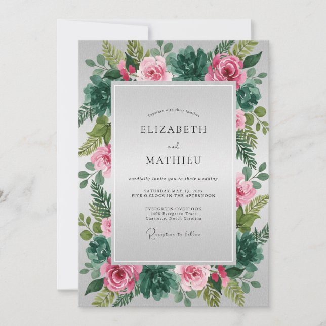 Invitación Boda de Corona de Suculentas Rosadas (Anverso)