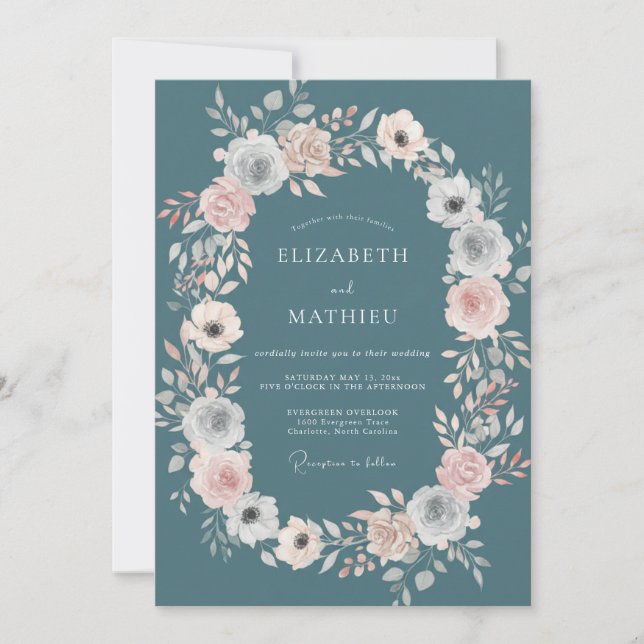 Invitación Boda de Corona de Té Verde Acero (Anverso)