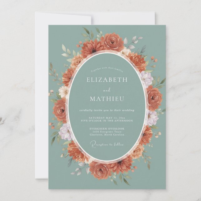 Invitación Boda de Corona de Teal de Óxido Costero (Anverso)