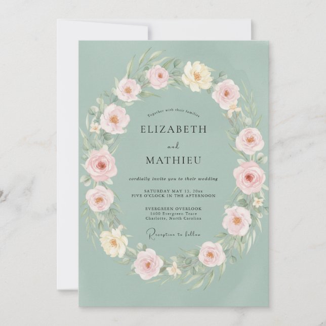 Invitación Boda de corona delicada verde salvia (Anverso)