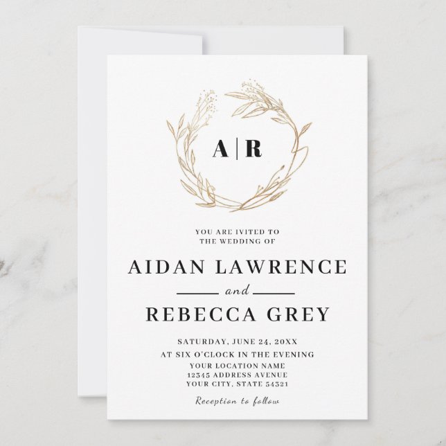 Invitación Boda de corona dorada con monograma (Anverso)