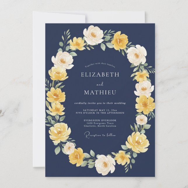Invitación Boda de Corona Floral Amarilla Marina (Anverso)