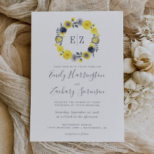 Invitación Boda de Corona Floral Amarillo Gris Monograma