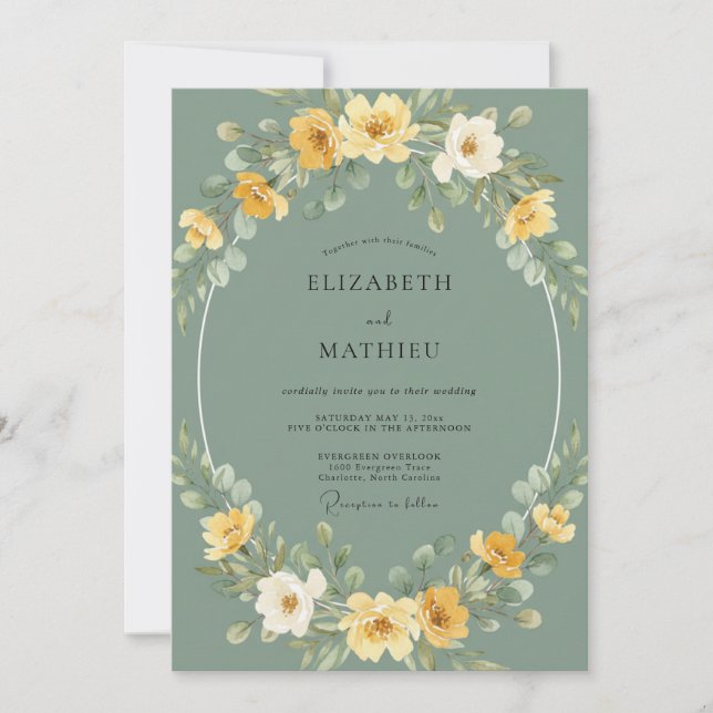 Invitación Boda de Corona Floral Amarillo Salvia (Anverso)