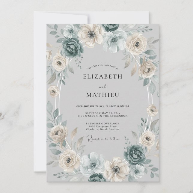 Invitación Boda de Corona Floral Azul (Anverso)
