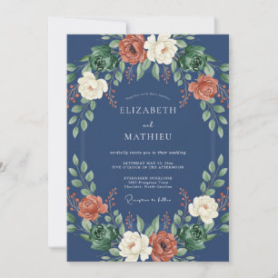 Invitación Boda de corona floral azul marino