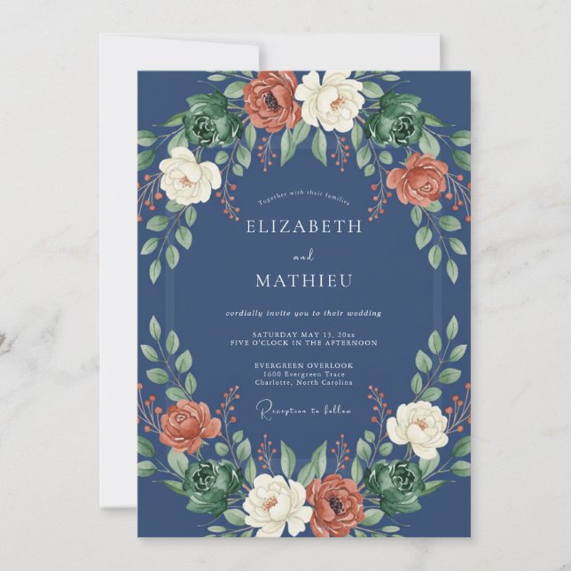 Invitación Boda de corona floral azul marino (Anverso)