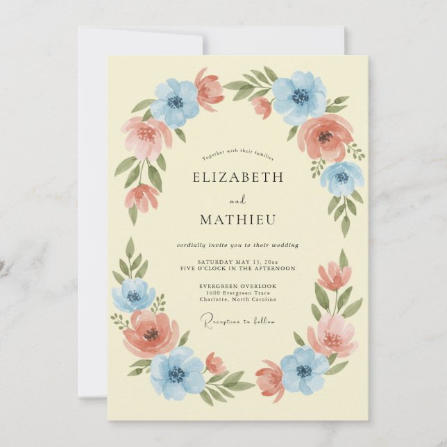 Invitación Boda de Corona Floral Azul Melocotón (Anverso)