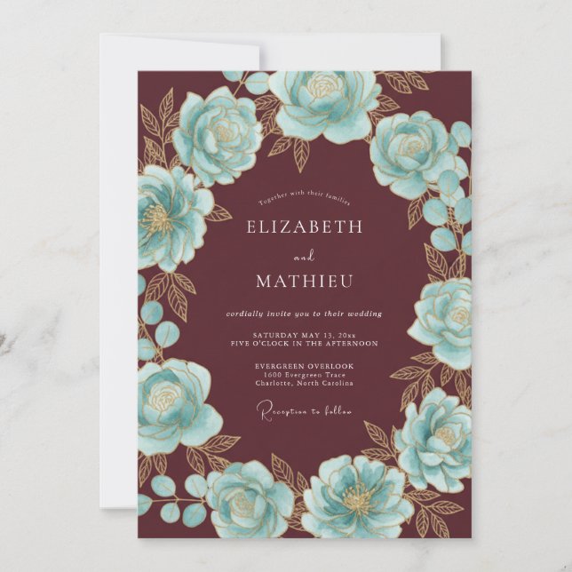 Invitación Boda de Corona Floral Burgundy Turquesa (Anverso)