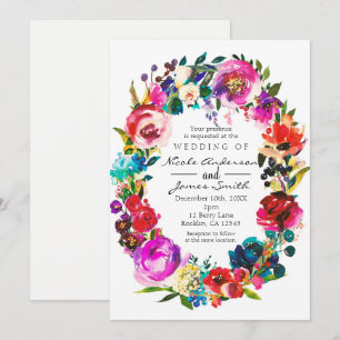 Invitación Boda de Corona Floral de Acuarela de Color Intenso