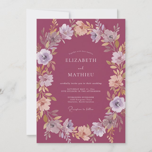 Invitación Boda de Corona Floral de Ciruela (Anverso)