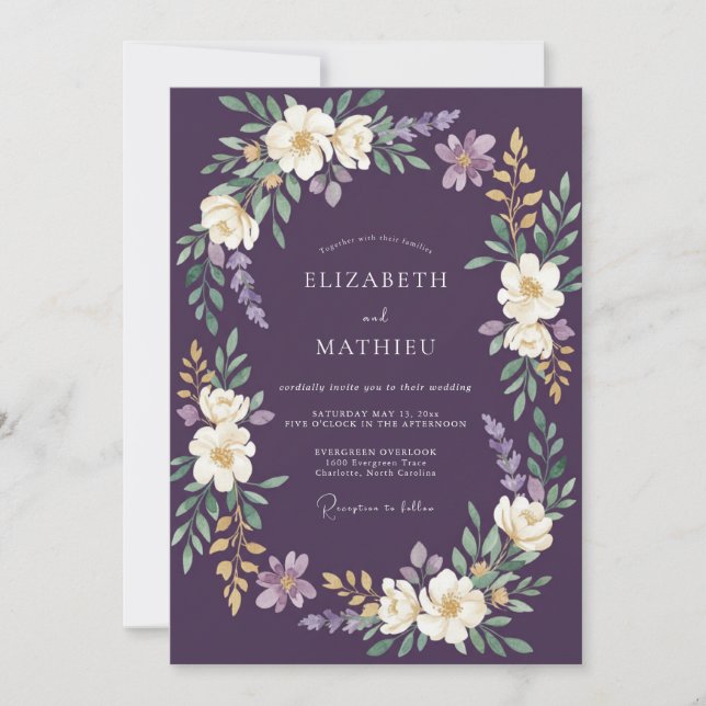 Invitación Boda de Corona Floral de Ciruela Profunda (Anverso)